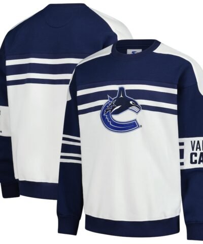 Vancouver Canucks Starter Defense Fleece Crewneck Pullover Sweatshirt - White/Blue