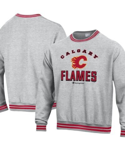 Calgary Flames Champion Reverse Weave Yarn Dye Pullover Sweatshirt - Heather Gray