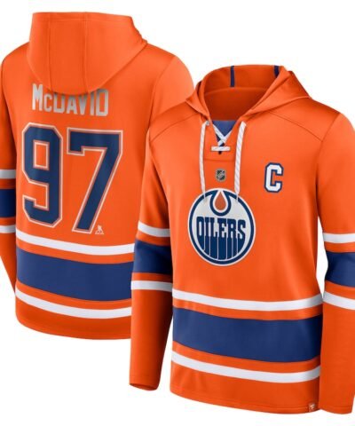 Connor McDavid Edmonton Oilers Fanatics Name & Number Lace-Up Pullover Hoodie - Orange
