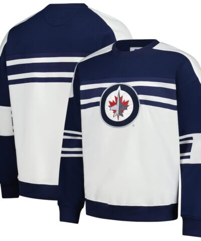 Winnipeg Jets Starter Defense Fleece Crewneck Pullover Sweatshirt - Cream/Navy