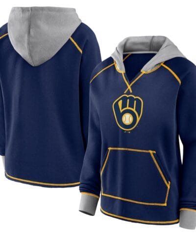 Milwaukee Brewers Fanatics Women's Boom Fleece Pullover V-Neck Hoodie - Navy