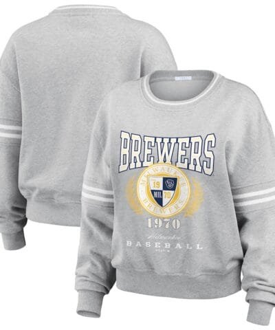 Milwaukee Brewers WEAR by Erin Andrews Women's Domestic Crest Pullover Sweatshirt - Heather Gray