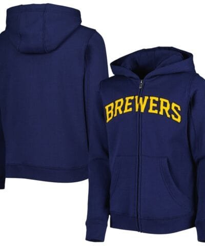 Milwaukee Brewers Youth Wordmark Full-Zip Fleece Hoodie - Navy
