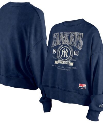 New York Yankees New Era Women's Throwback Boxy Enzyme Wash Fleece Crewneck Pullover - Navy