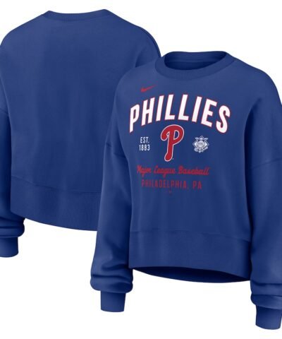 Philadelphia Phillies Nike Women's Oversized Long Sleeve Cropped Pullover Sweatshirt - Royal