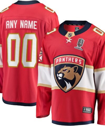 Florida Panthers Fanatics Home 2024 Stanley Cup Champions Breakaway Custom Jersey – Red