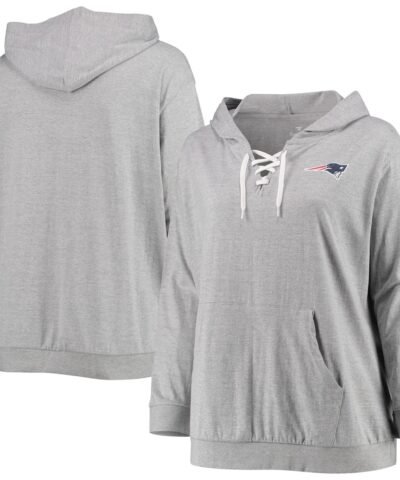 Women's Fanatics Heathered Gray New England Patriots Plus Size Lace-Up Pullover Hoodie